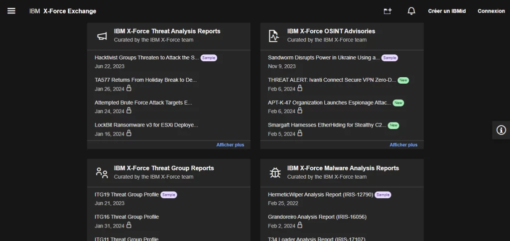 A screenshot showing IBM X-Force Threat Analysis Reports interface, featuring curated reports on hacktivist threats, OSINT advisories, threat group profiles, and malware analysis.