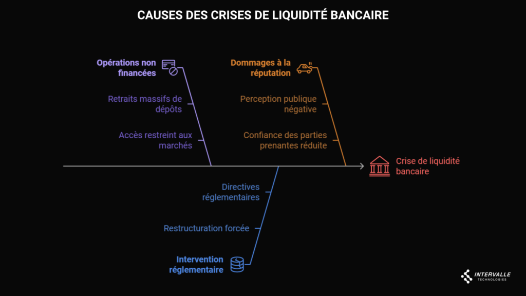 Schéma des causes des crises de liquidité dans les risques bancaires, illustrant les opérations non financées, dommages à la réputation et interventions réglementaires