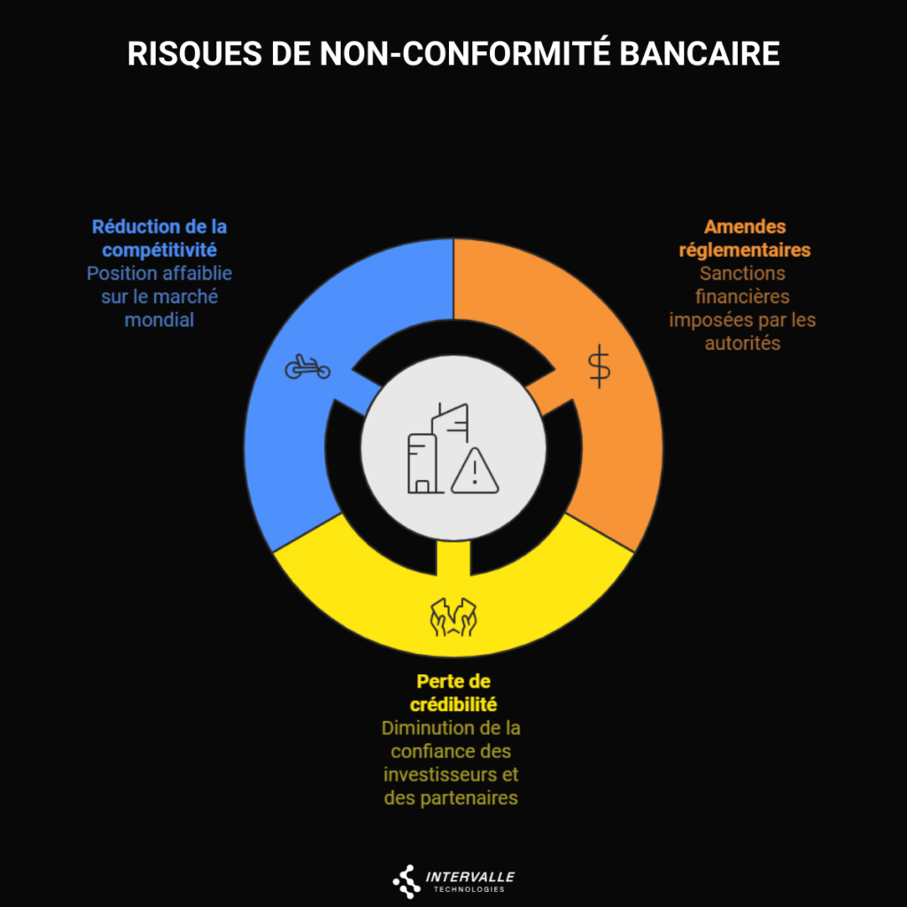 Diagramme circulaire des risques bancaires de non-conformité montrant les impacts sur la compétitivité, les amendes réglementaires et la perte de crédibilité