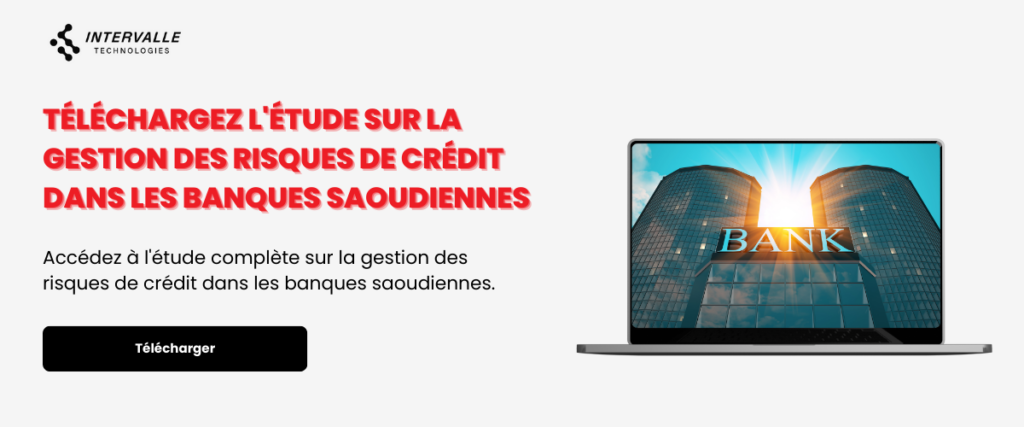 Page de téléchargement d'une étude sur la gestion des risques de crédit dans les banques saoudiennes. À gauche, le logo Intervalle Technologies et un texte en rouge annonçant l'étude, avec un bouton de téléchargement noir. À droite, l'image d'un ordinateur portable affichant une façade de banque moderne avec le mot 'BANK' et un effet de lumière.