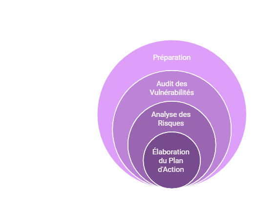 Schéma représentant la méthode MARION pour l'évaluation des risques, composée de cinq étapes principales inscrites dans des cercles concentriques : 1. Préparation (définition des objectifs de sécurité et du champ d'action), 2. Audit des Vulnérabilités (évaluation des vulnérabilités avec un questionnaire), 3. Analyse des Risques (classification et évaluation des risques), 4. Élaboration du Plan d'Action (identification des mesures pour réduire les vulnérabilités). Chaque étape est située dans un cercle imbriqué pour montrer leur interdépendance.