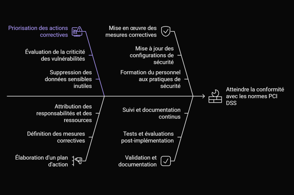 Diagramme en fishbone illustrant les étapes clés pour atteindre la certification PCI DSS, avec deux branches principales montrant les actions préparatoires et la mise en œuvre des mesures correctives