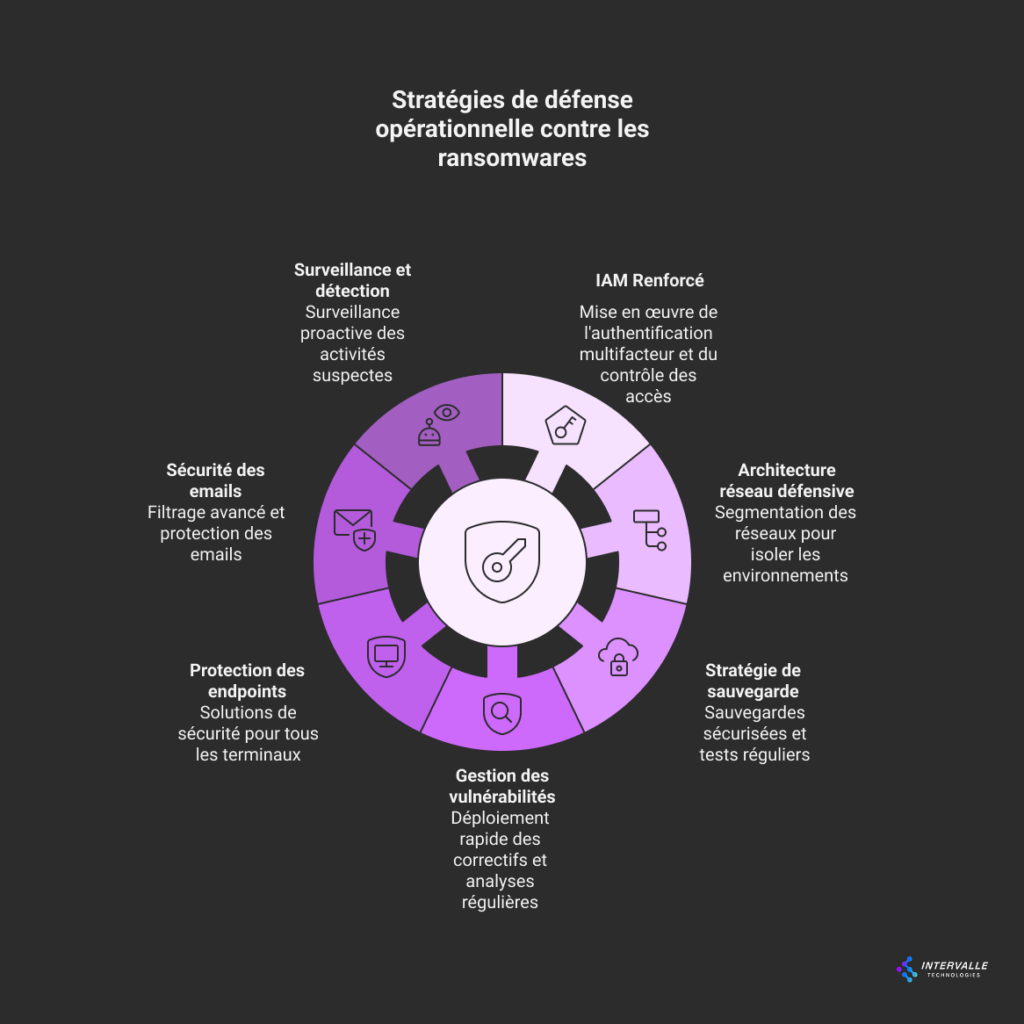 L'image montre une infographie circulaire intitulée "Stratégies de défense opérationnelle contre les ransomwares". Au centre se trouve un symbole de bouclier avec une clé, entouré de sept segments en dégradés de violet qui présentent différentes stratégies de protection :

Surveillance et détection : Surveillance proactive des activités suspectes
IAM Renforcé : Mise en œuvre de l'authentification multifacteur et du contrôle des accès
Architecture réseau défensive : Segmentation des réseaux pour isoler les environnements
Stratégie de sauvegarde : Sauvegardes sécurisées et tests réguliers
Gestion des vulnérabilités : Déploiement rapide des correctifs et analyses régulières
Protection des endpoints : Solutions de sécurité pour tous les terminaux
Sécurité des emails : Filtrage avancé et protection des emails

L'infographie est produite par Intervalle Technologies, dont le logo apparaît dans le coin inférieur droit.