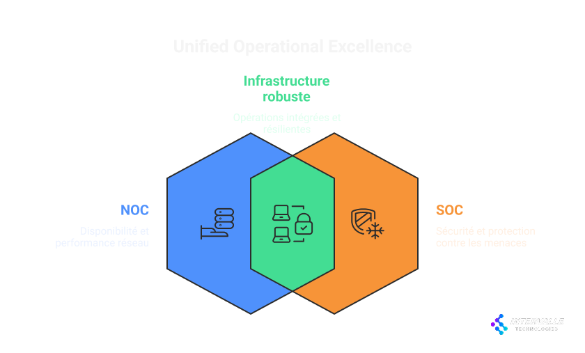 Diagramme en Venn entre NOC (centre d’opérations réseau) et SOC (centre d’opérations de sécurité) avec au centre : NOC (bleu) : Disponibilité et performance réseau SOC (orange) : Sécurité et protection contre les menaces Centre (vert) : Infrastructure robuste, opérations intégrées et résilientes Logo d'Intervalle Technologies en bas à droite.