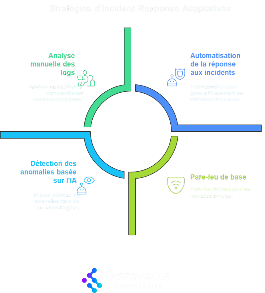 Schéma circulaire en croix illustrant quatre stratégies adaptatives de réponse aux incidents :
Analyse manuelle des logs (vert) : pour comprendre les menaces complexes.
Automatisation de la réponse aux incidents (bleu foncé) : pour gérer efficacement les menaces complexes.
Détection des anomalies basée sur l’IA (bleu clair) : pour identifier automatiquement les anomalies dans les menaces simples.
Pare-feu de base (vert clair) : pour bloquer les menaces simples.
Chaque stratégie est associée à une icône illustrative.