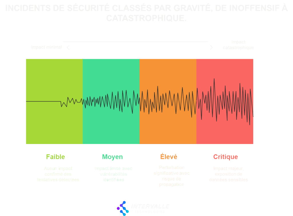 Graphique en 4 bandes colorées (vert, vert clair, orange, rouge) classant les incidents de sécurité selon leur gravité : Faible (aucun impact), Moyen (impact limité), Élevé (perturbation significative), Critique (impact majeur avec exposition de données sensibles).