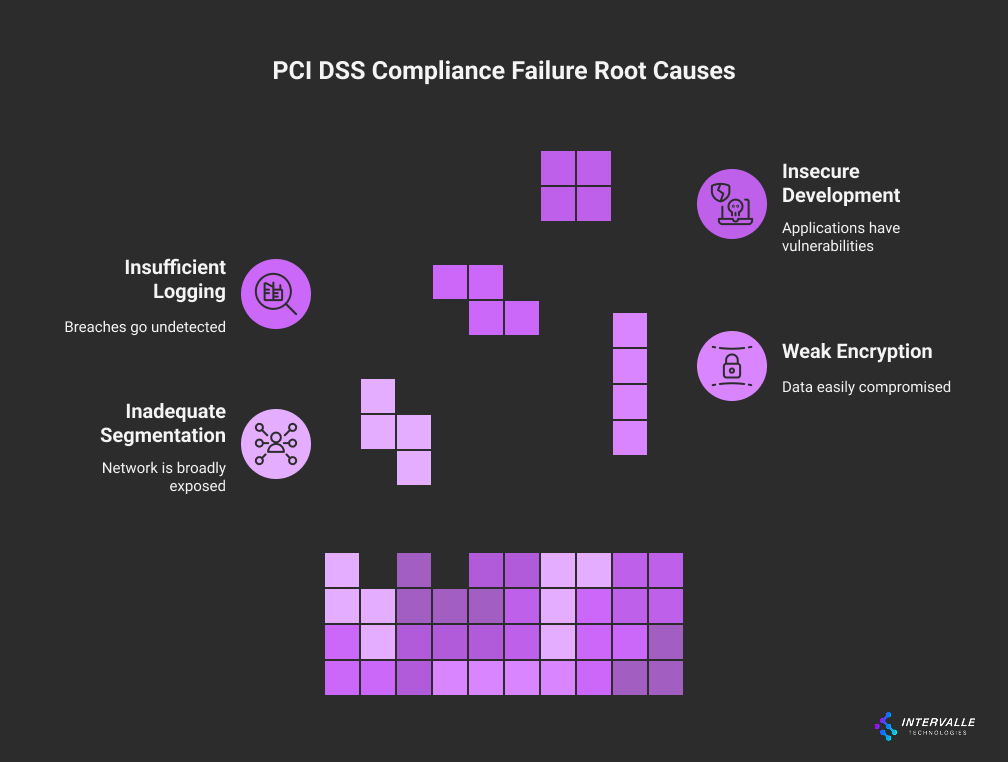 Block diagram illustrating PCI DSS compliance failure root causes: Insecure Development (applications have vulnerabilities), Weak Encryption (data easily compromised), Inadequate Segmentation (network broadly exposed), and Insufficient Logging (breaches go undetected).