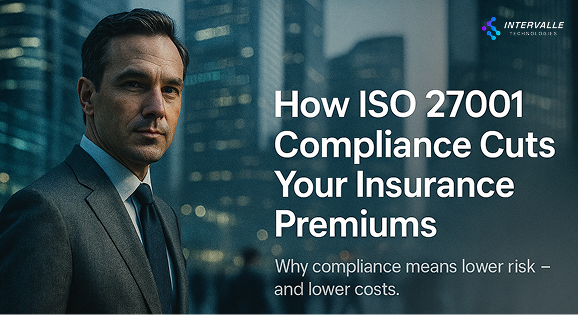 Executive reviewing ISO 27001 compliance dashboard showing reduced cyber insurance premiums